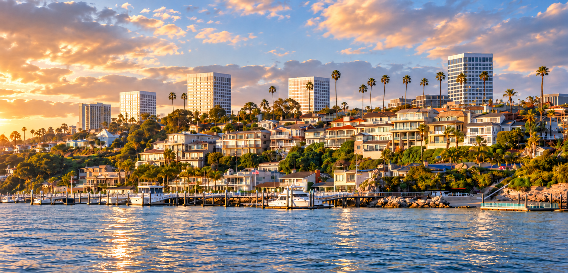 Newport Beach waterfront and palm trees at sunset